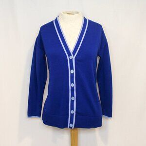 Talbots Royal Blue Contrast‎ Trim Button Front V Neck Cardigan + Matching Shirt